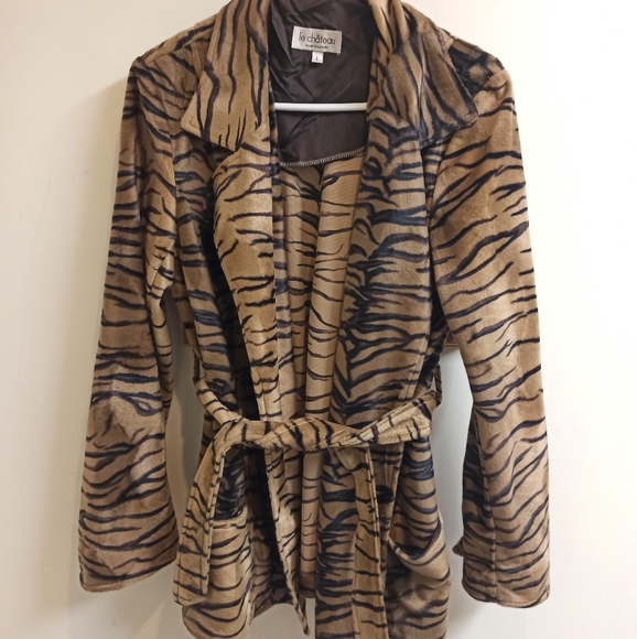 Tiger print velvet belted coat - L - Picture 1 of 4